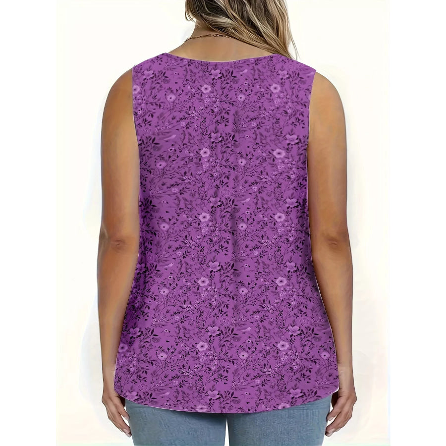 Full Size Floral Print Button Detail Tank Plus Size Apparel and Accessories