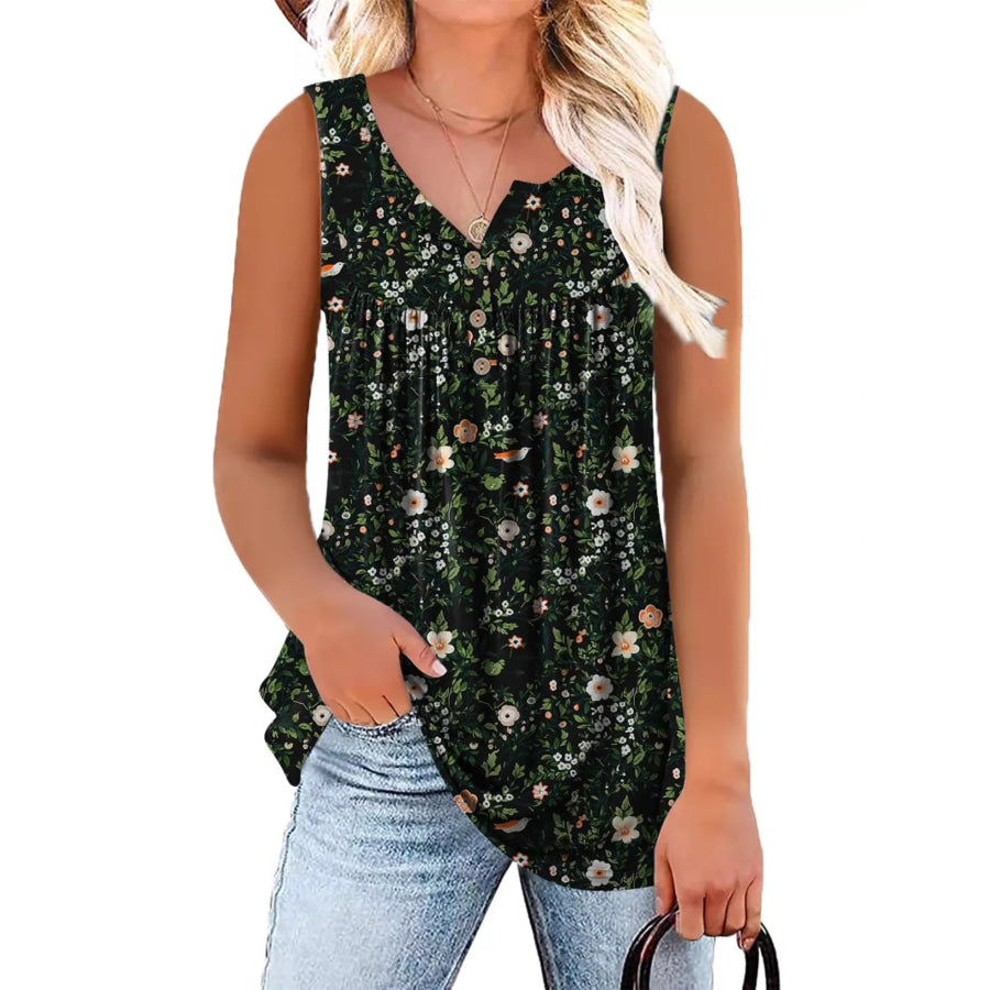 Full Size Floral Print Button Detail Tank Plus Size Black / S Apparel and Accessories