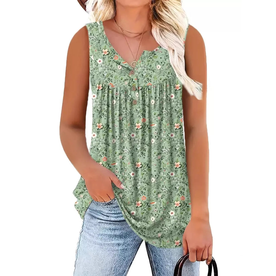 Full Size Floral Print Button Detail Tank Plus Size Light Green / S Apparel and Accessories