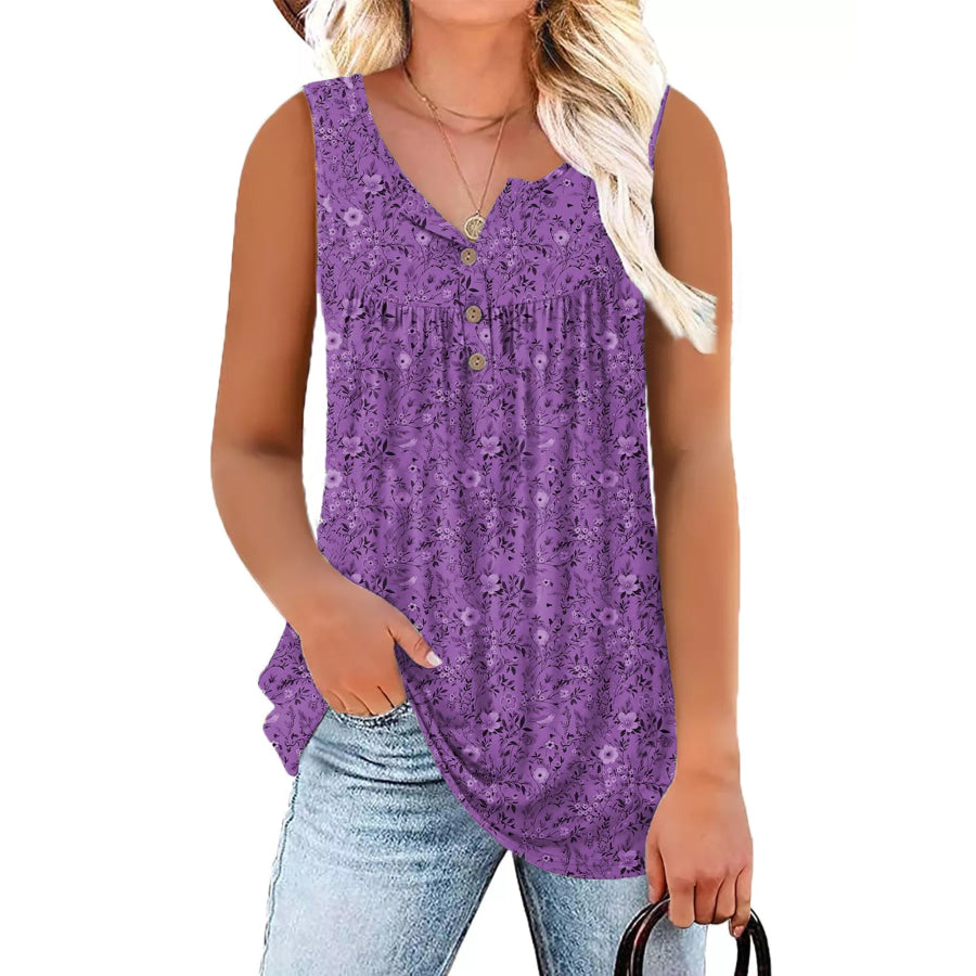 Full Size Floral Print Button Detail Tank Plus Size Purple / S Apparel and Accessories