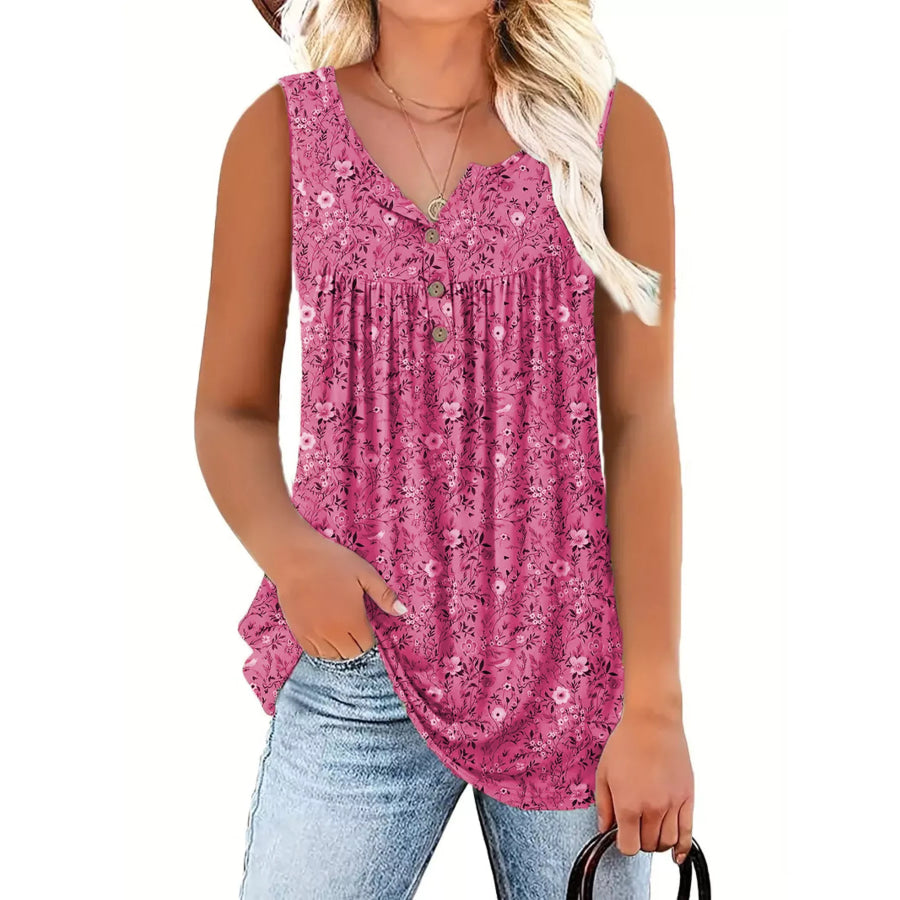Full Size Floral Print Button Detail Tank Plus Size Rose Red / S Apparel and Accessories