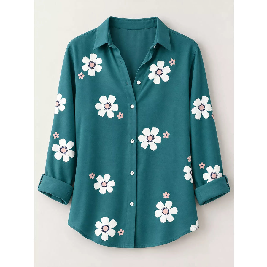 Full Size Floral Print Button-Down Casual Shirt Plus Apparel and Accessories