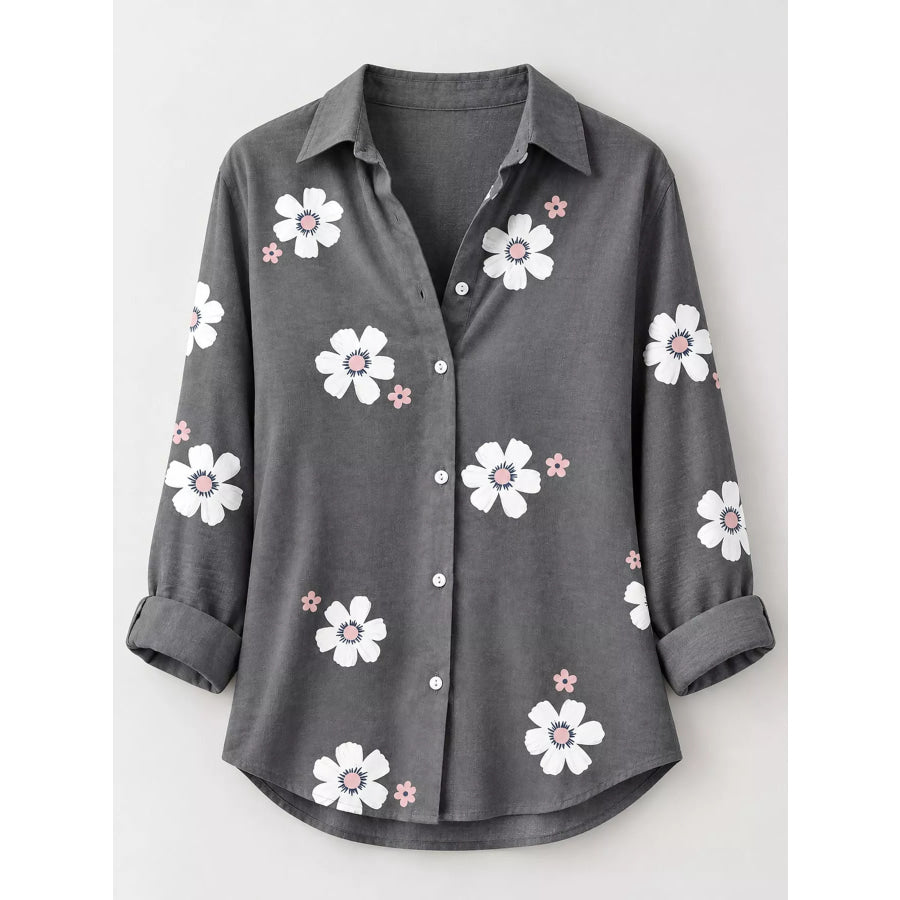 Full Size Floral Print Button-Down Casual Shirt Plus Apparel and Accessories
