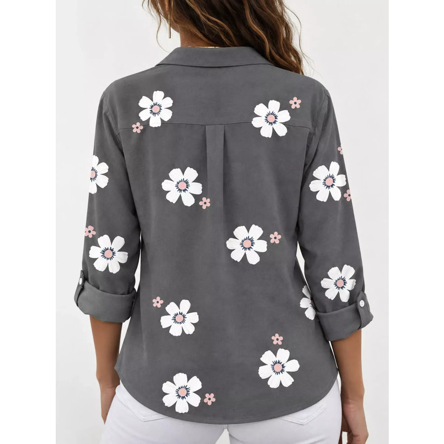 Full Size Floral Print Button-Down Casual Shirt Plus Apparel and Accessories