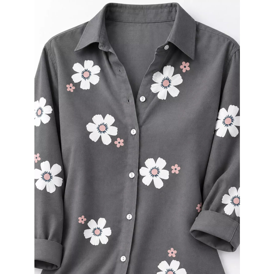 Full Size Floral Print Button-Down Casual Shirt Plus Apparel and Accessories