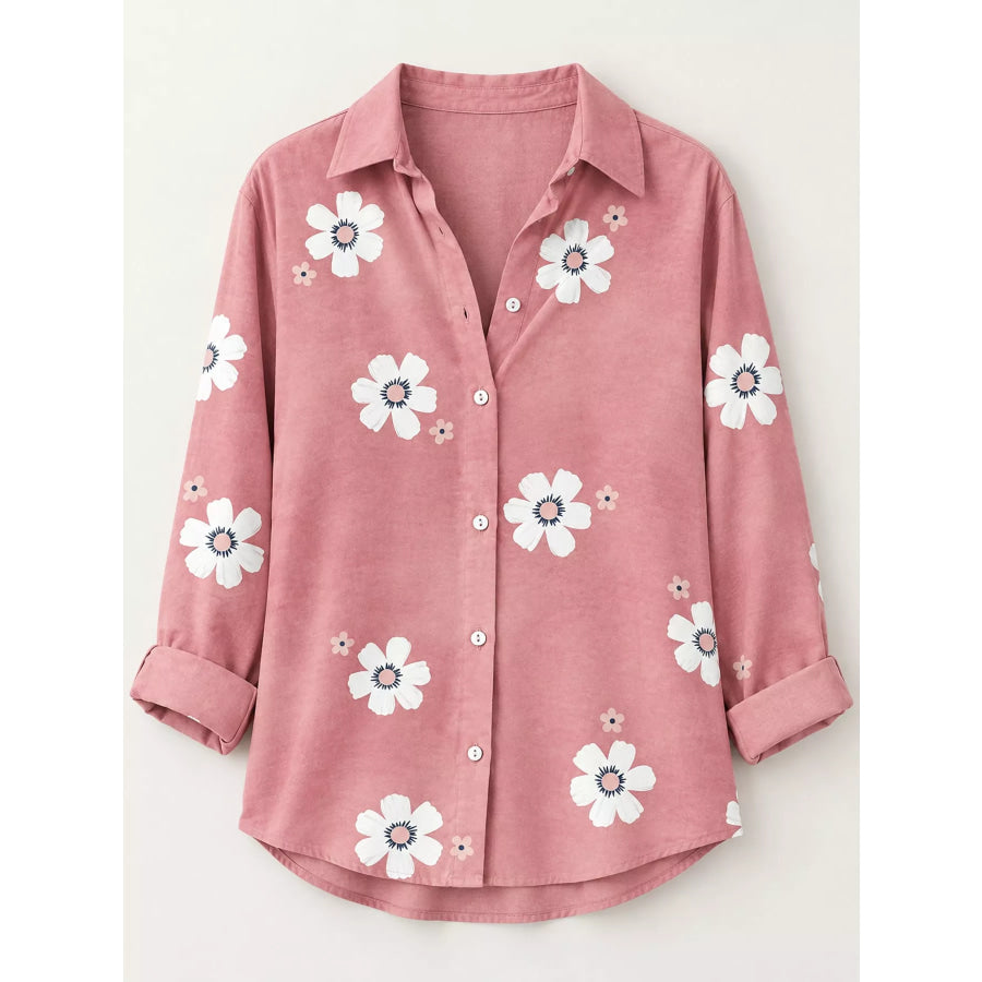 Full Size Floral Print Button-Down Casual Shirt Plus Apparel and Accessories