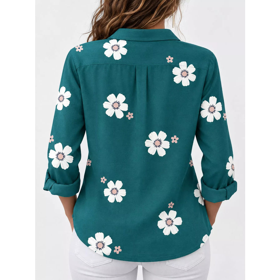 Full Size Floral Print Button-Down Casual Shirt Plus Apparel and Accessories