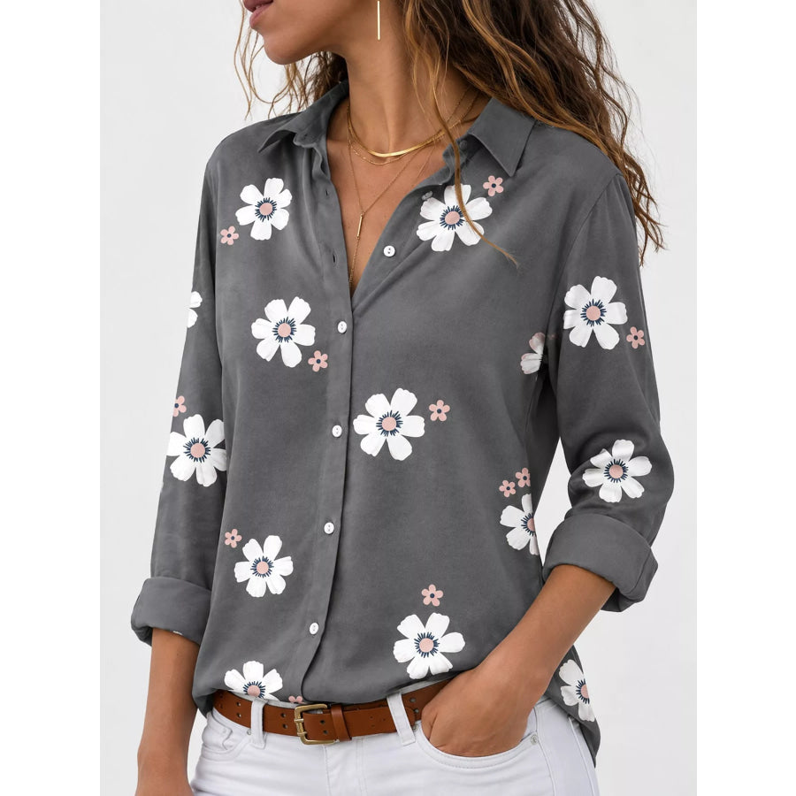Full Size Floral Print Button-Down Casual Shirt Plus Apparel and Accessories