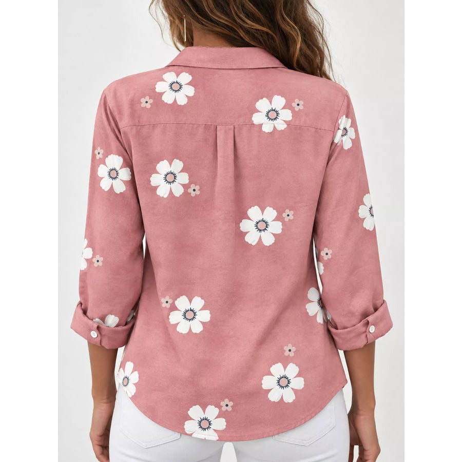 Full Size Floral Print Button-Down Casual Shirt Plus Apparel and Accessories