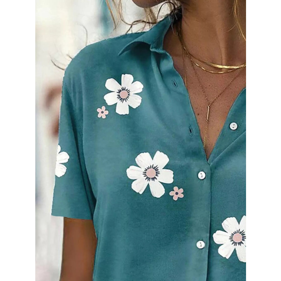 Full Size Floral Print Button-Down Casual Shirt Plus Apparel and Accessories