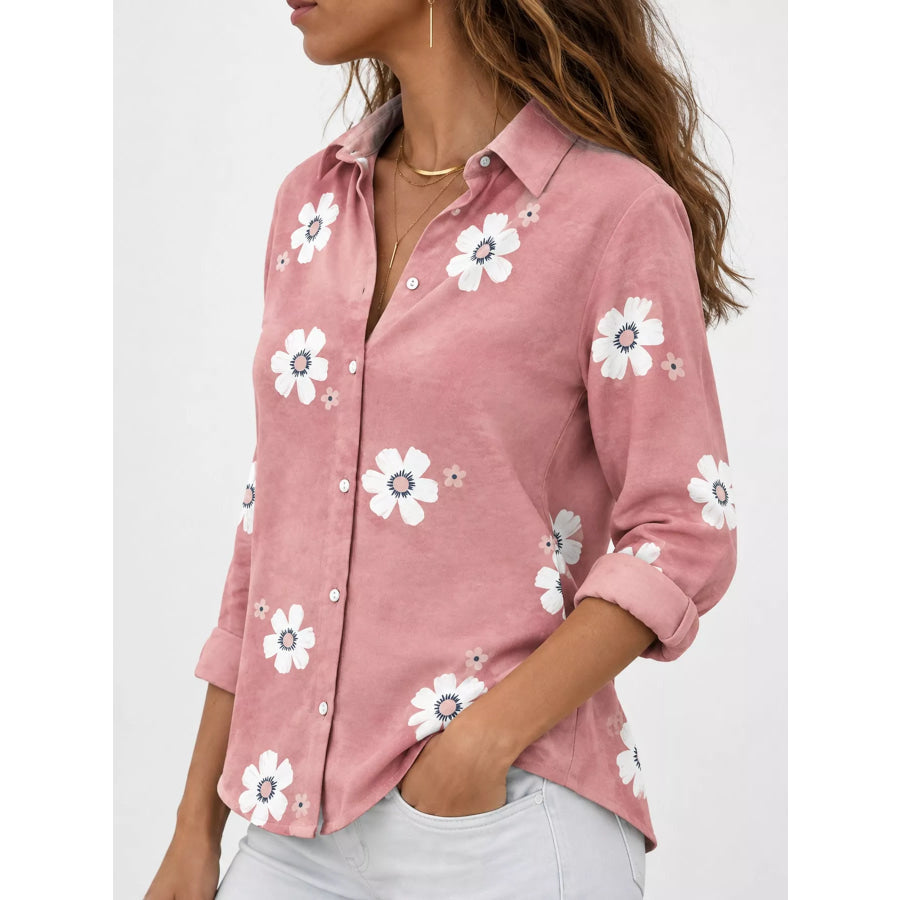 Full Size Floral Print Button-Down Casual Shirt Plus Apparel and Accessories