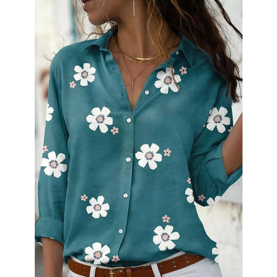 Full Size Floral Print Button-Down Casual Shirt Plus Apparel and Accessories