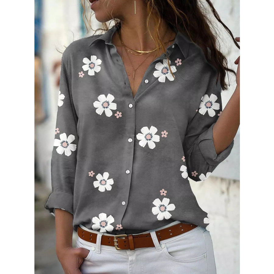 Full Size Floral Print Button-Down Casual Shirt Plus Dark Gray / S Apparel and Accessories