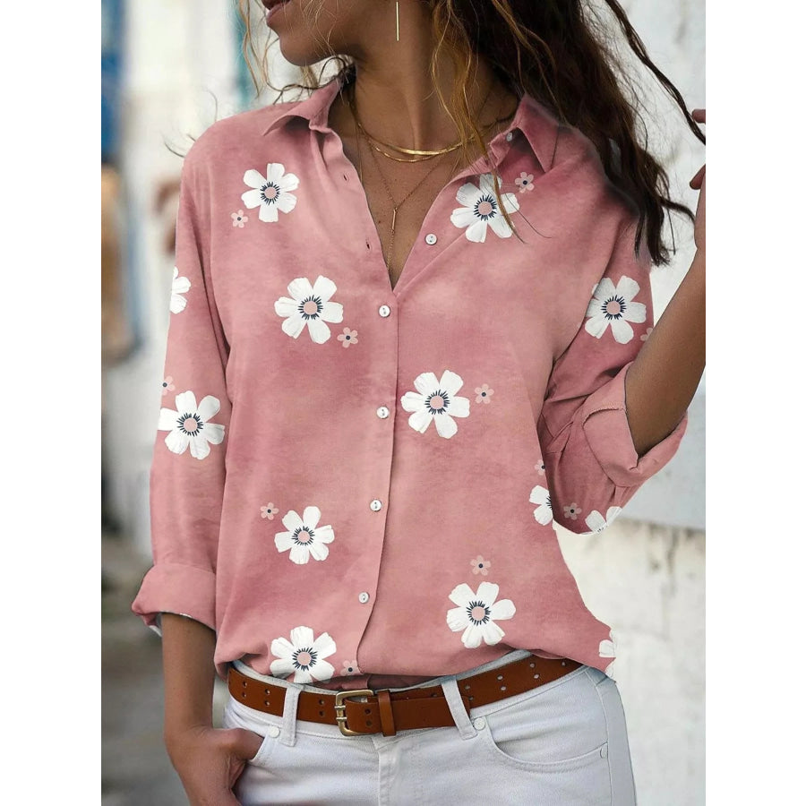 Full Size Floral Print Button-Down Casual Shirt Plus Dusty Pink / S Apparel and Accessories