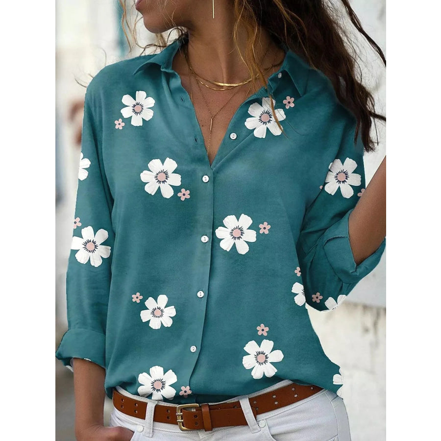 Full Size Floral Print Button-Down Casual Shirt Plus Green / S Apparel and Accessories