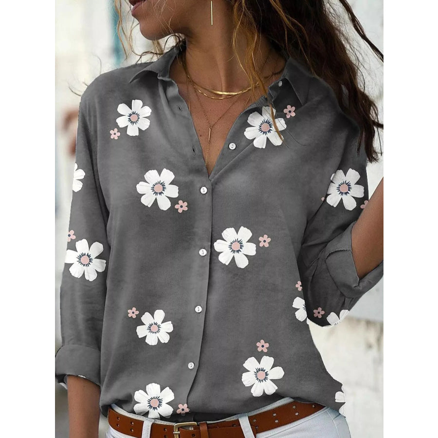Full Size Floral Print Button-Down Casual Shirt Plus Grey / S Apparel and Accessories