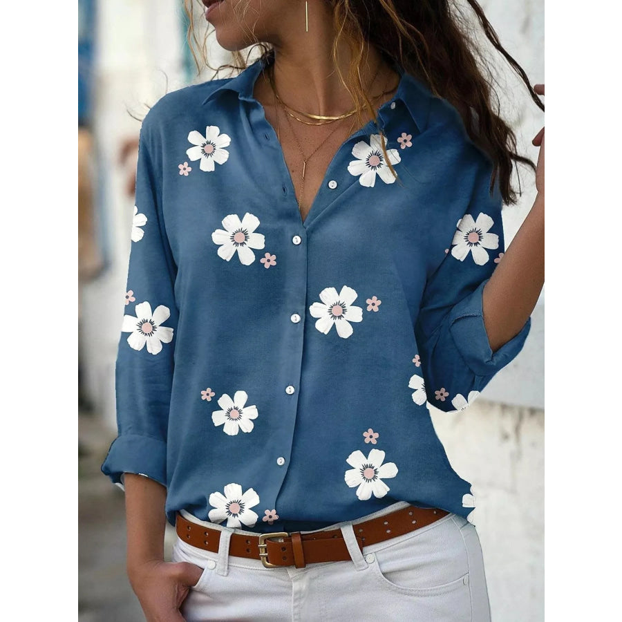 Full Size Floral Print Button-Down Casual Shirt Plus Peacock Blue / S Apparel and Accessories