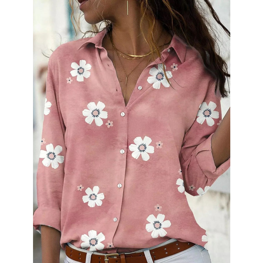 Full Size Floral Print Button-Down Casual Shirt Plus Pink / S Apparel and Accessories