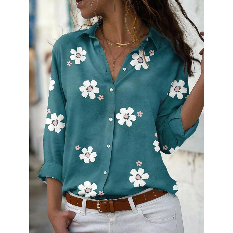 Full Size Floral Print Button-Down Casual Shirt Plus Turquoise / S Apparel and Accessories