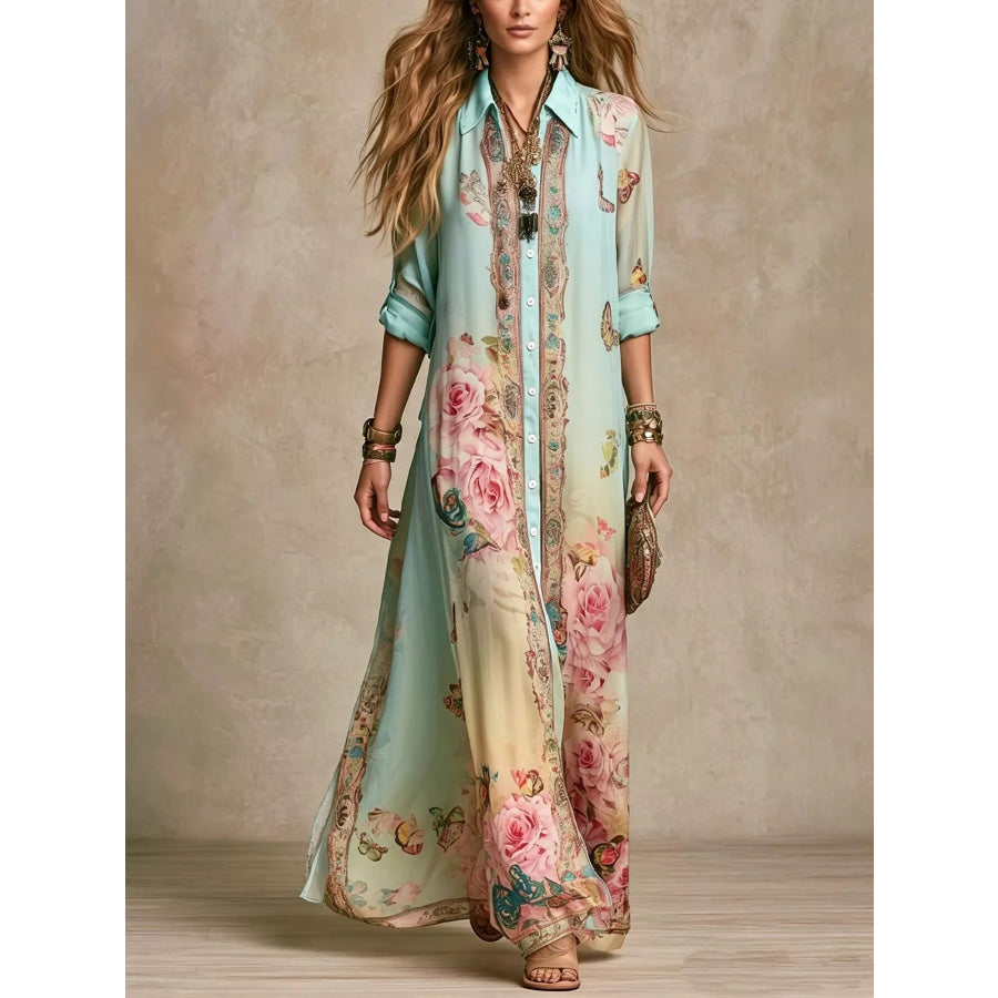 Full Size Floral Print Button-Down Maxi Shirt Dress Plus Apparel and Accessories