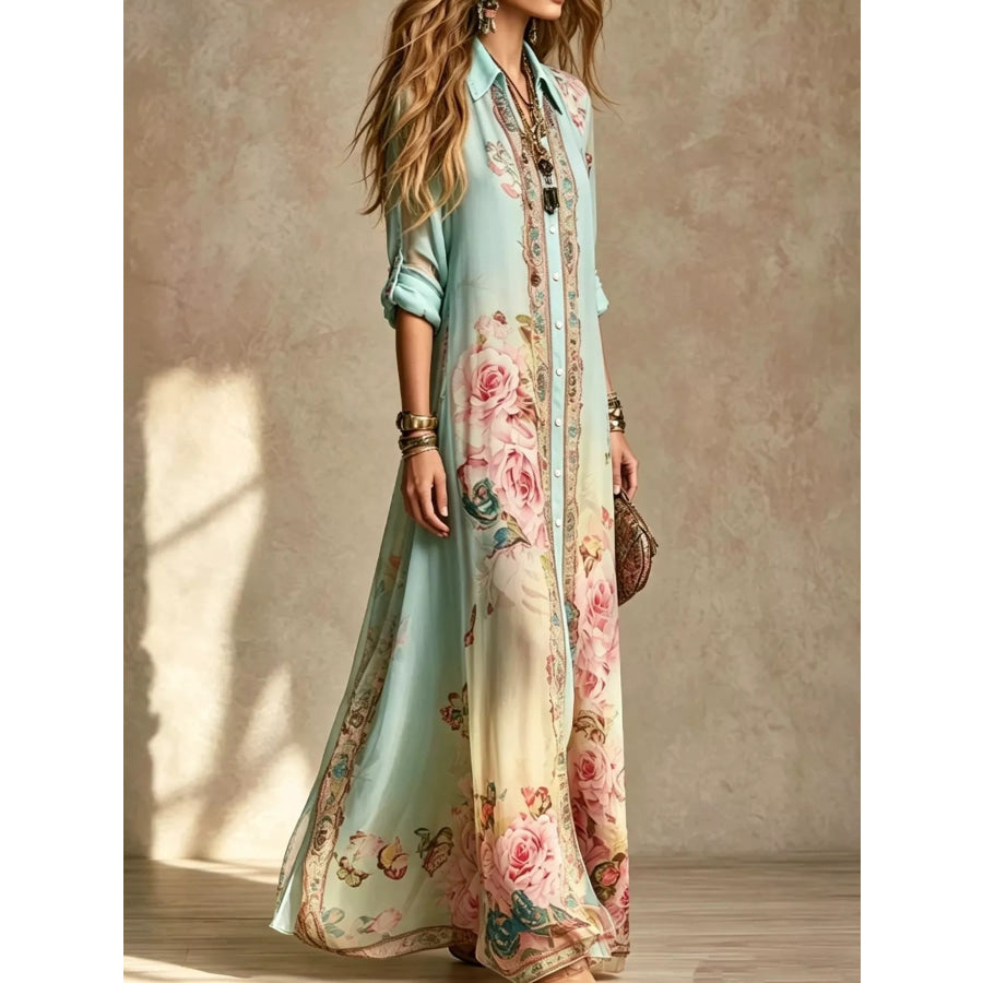 Full Size Floral Print Button-Down Maxi Shirt Dress Plus Apparel and Accessories