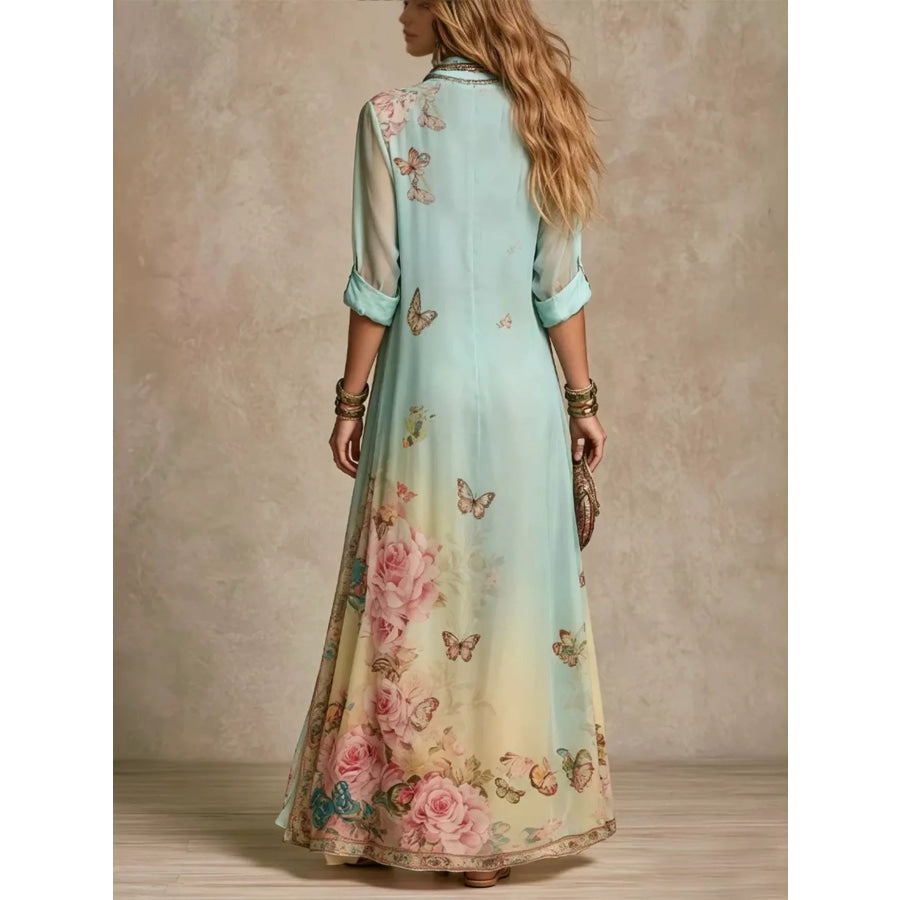 Full Size Floral Print Button-Down Maxi Shirt Dress Plus Apparel and Accessories