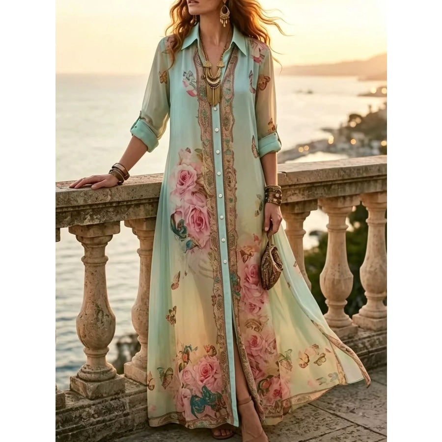 Full Size Floral Print Button-Down Maxi Shirt Dress Plus Apparel and Accessories