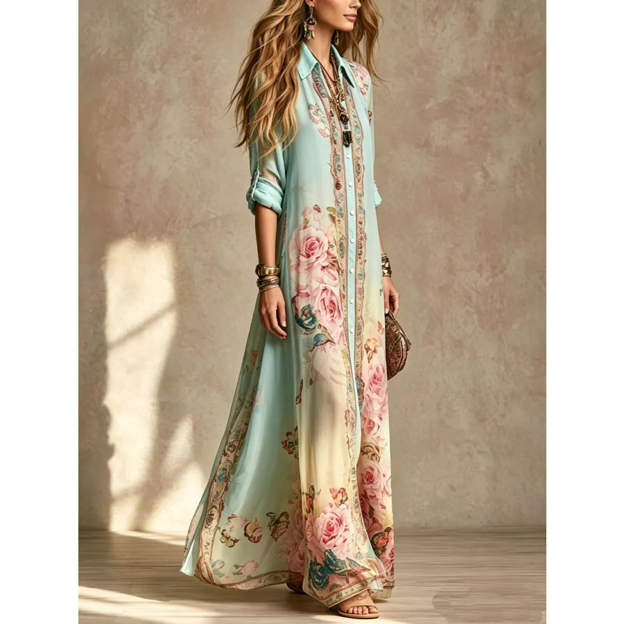 Full Size Floral Print Button-Down Maxi Shirt Dress Plus Apparel and Accessories