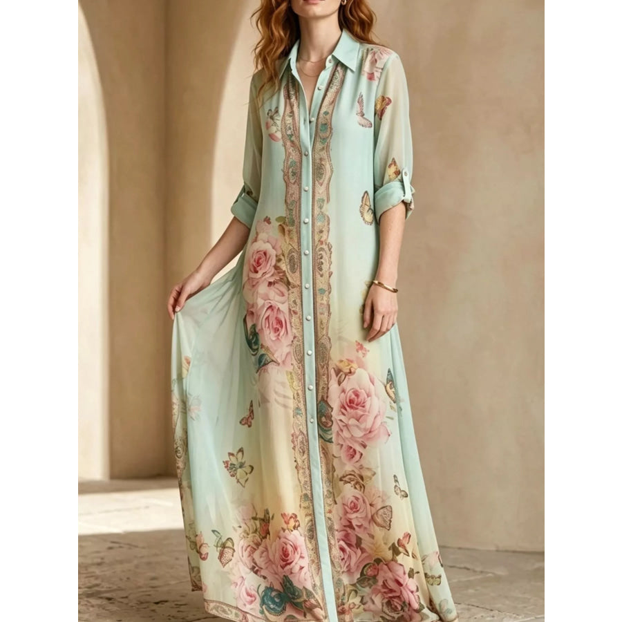 Full Size Floral Print Button-Down Maxi Shirt Dress Plus Apparel and Accessories