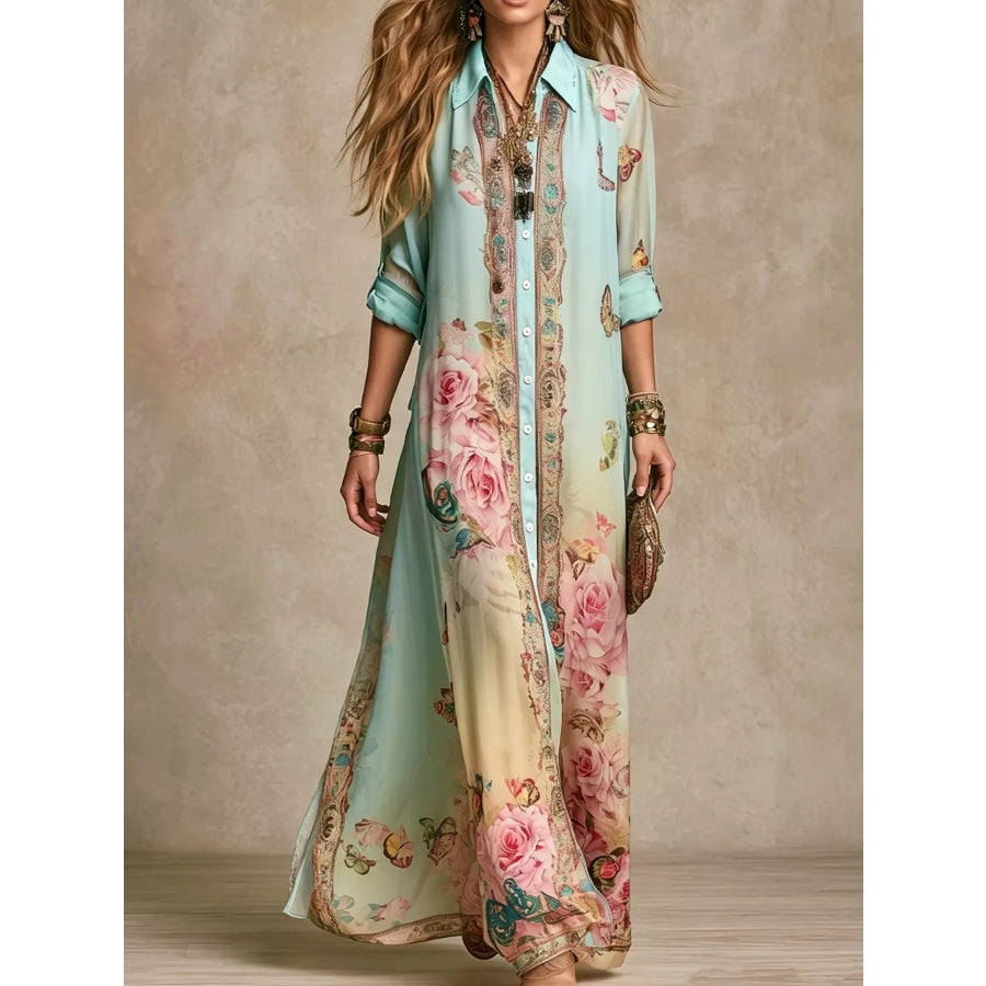 Full Size Floral Print Button-Down Maxi Shirt Dress Plus Green / S Apparel and Accessories