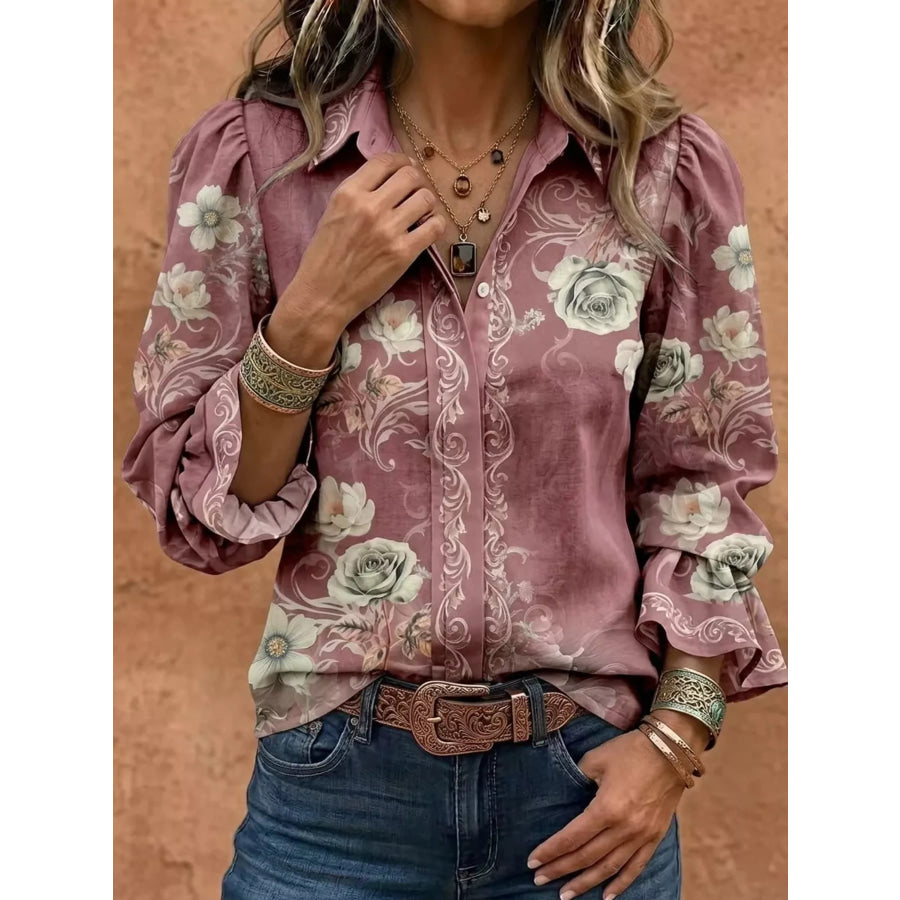 Full Size Floral Print Button-Down Shirt Plus Dusty Pink / S Apparel and Accessories