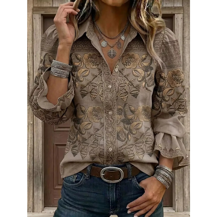 Full Size Floral Print Button-Down Shirt Plus Taupe / S Apparel and Accessories