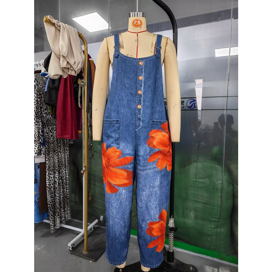 Full Size Floral Print Button Front Overalls Plus Apparel and Accessories