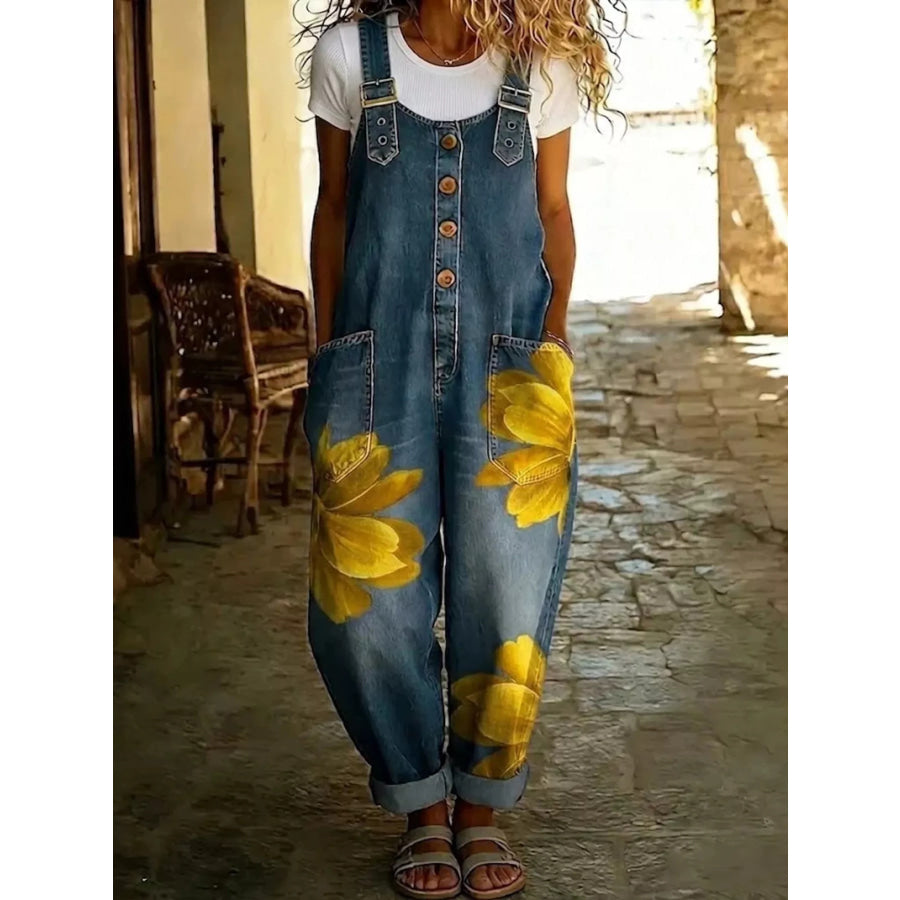 Full Size Floral Print Button Front Overalls Plus Apparel and Accessories