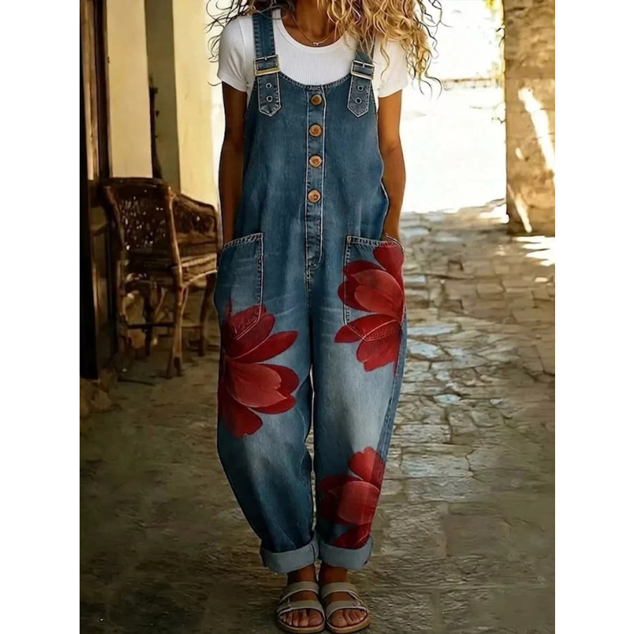 Full Size Floral Print Button Front Overalls Plus Apparel and Accessories