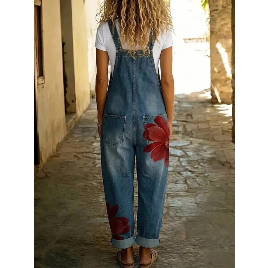 Full Size Floral Print Button Front Overalls Plus Apparel and Accessories