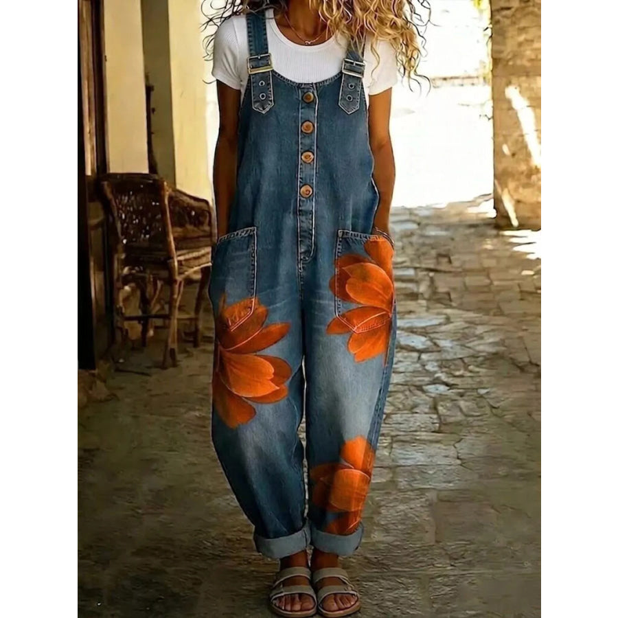 Full Size Floral Print Button Front Overalls Plus Apparel and Accessories