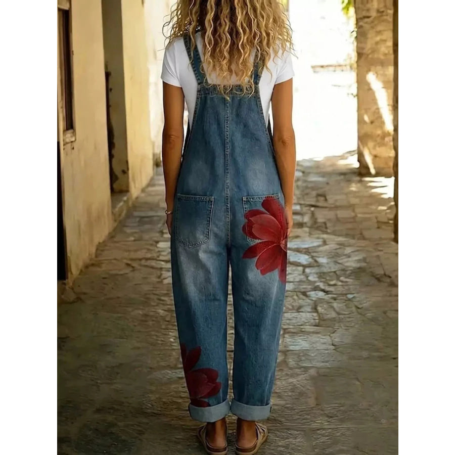 Full Size Floral Print Button Front Overalls Plus Apparel and Accessories
