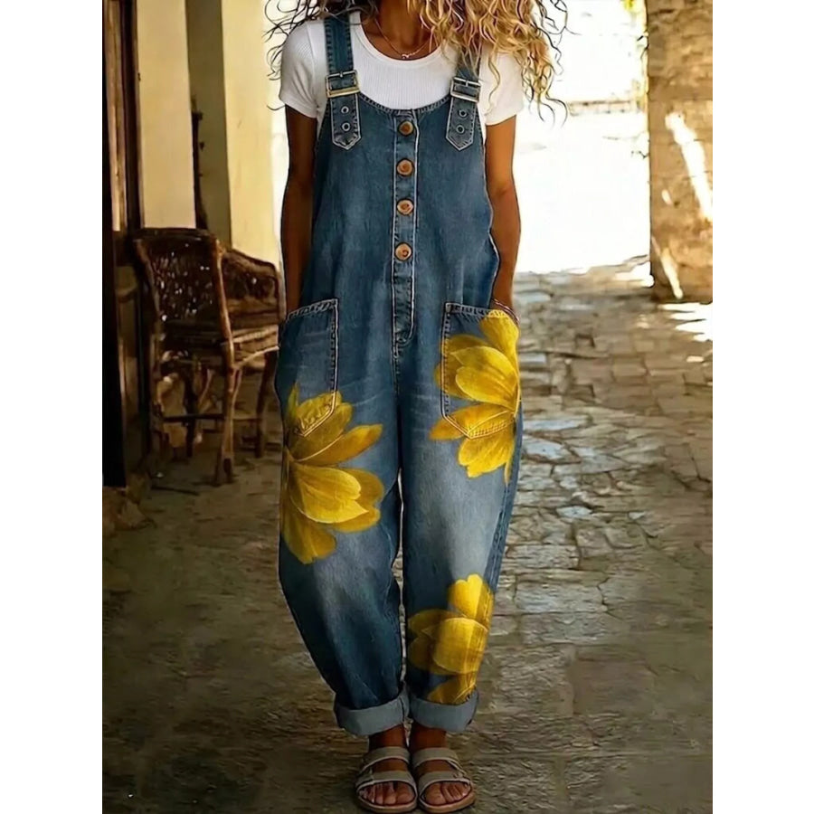 Full Size Floral Print Button Front Overalls Plus Large Yellow Flower / S Apparel and Accessories