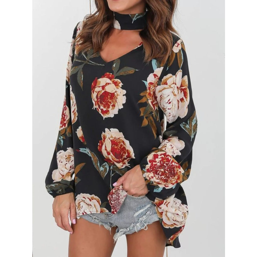 Full Size Floral Print Choker Neck Long Sleeve Blouse Plus Apparel and Accessories
