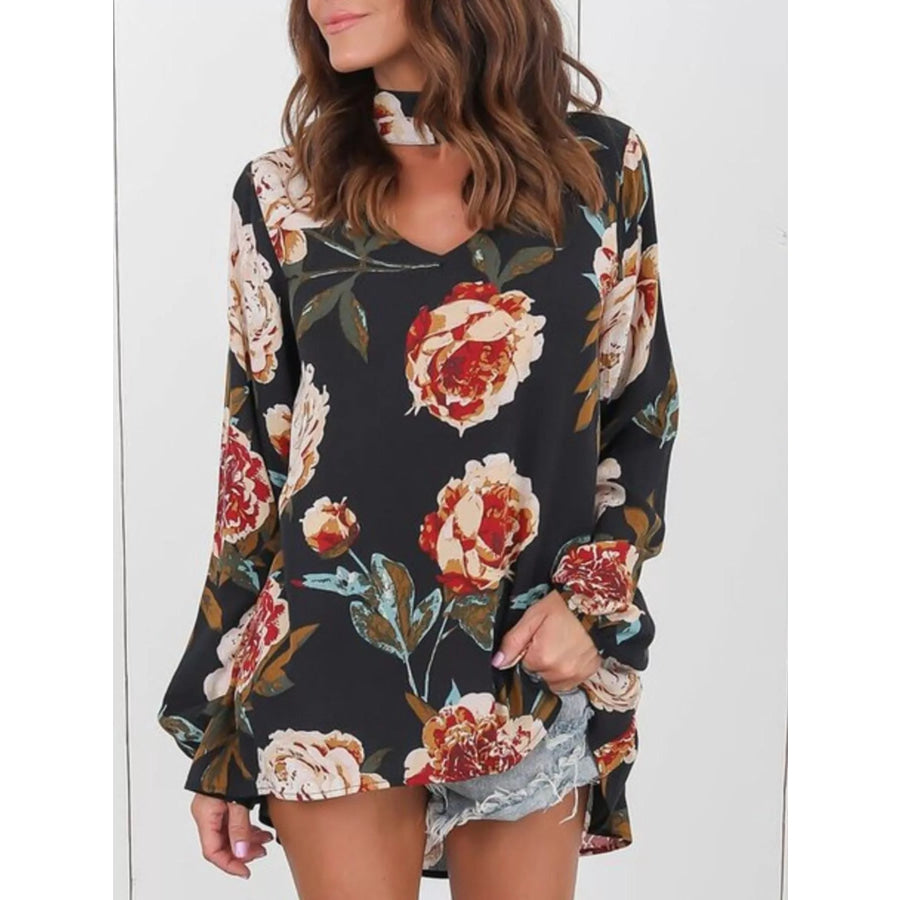 Full Size Floral Print Choker Neck Long Sleeve Blouse Plus Black / S Apparel and Accessories