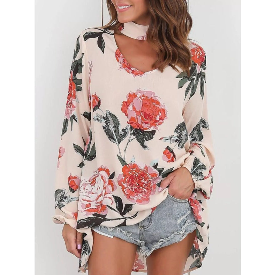 Full Size Floral Print Choker Neck Long Sleeve Blouse Plus Eggshell / S Apparel and Accessories