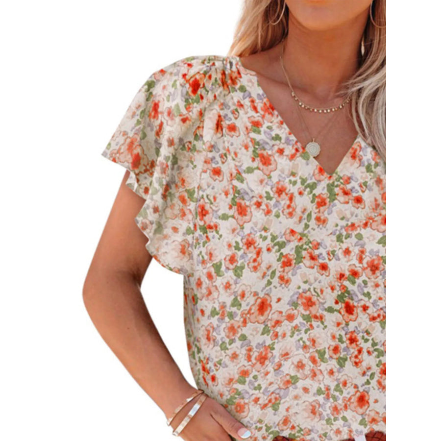Full Size Floral Print Flutter Sleeve V-Neck Blouse Plus Size Apparel and Accessories
