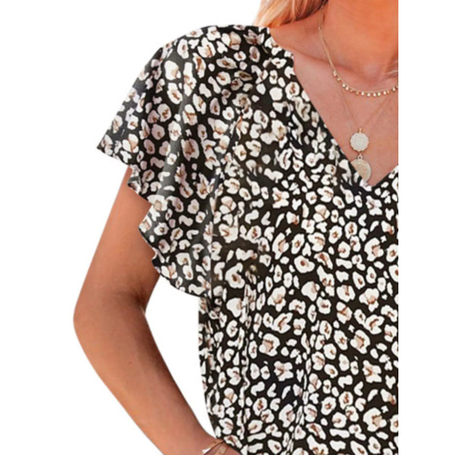 Full Size Floral Print Flutter Sleeve V-Neck Blouse Plus Size Apparel and Accessories