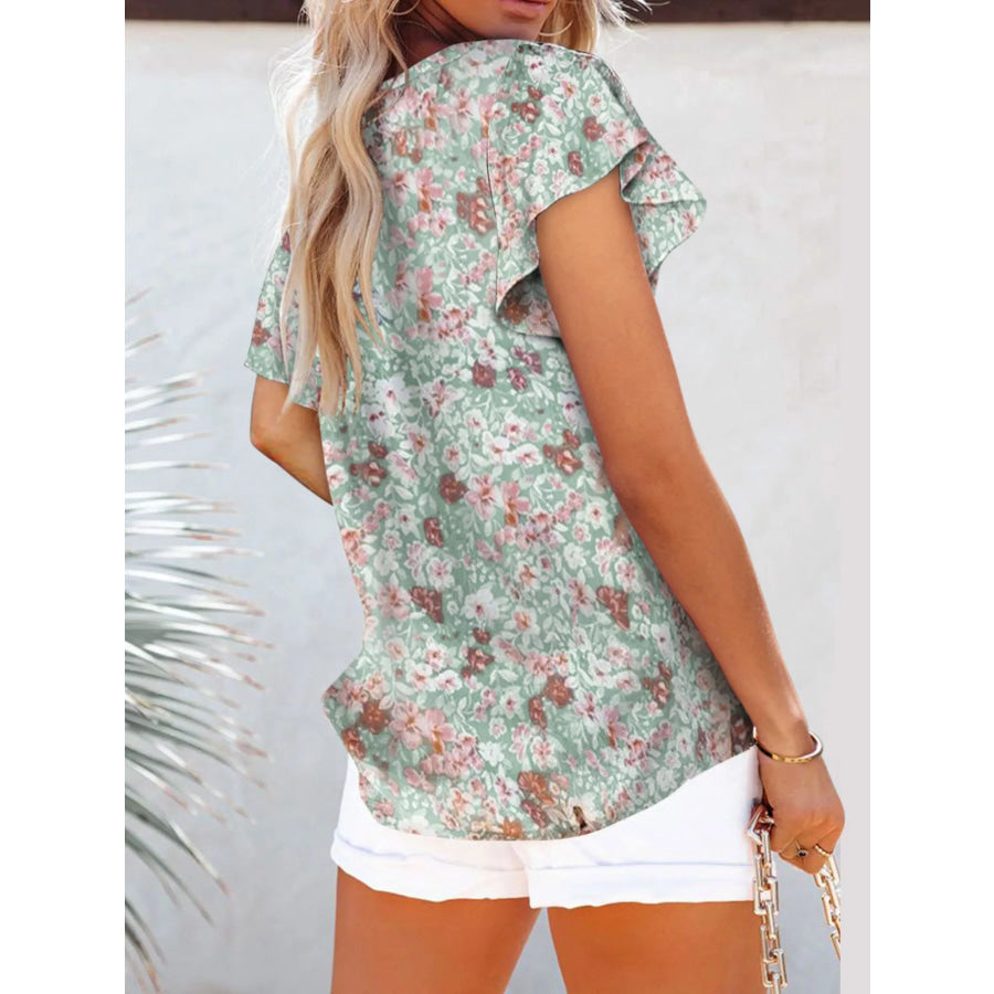 Full Size Floral Print Flutter Sleeve V-Neck Blouse Plus Size Apparel and Accessories