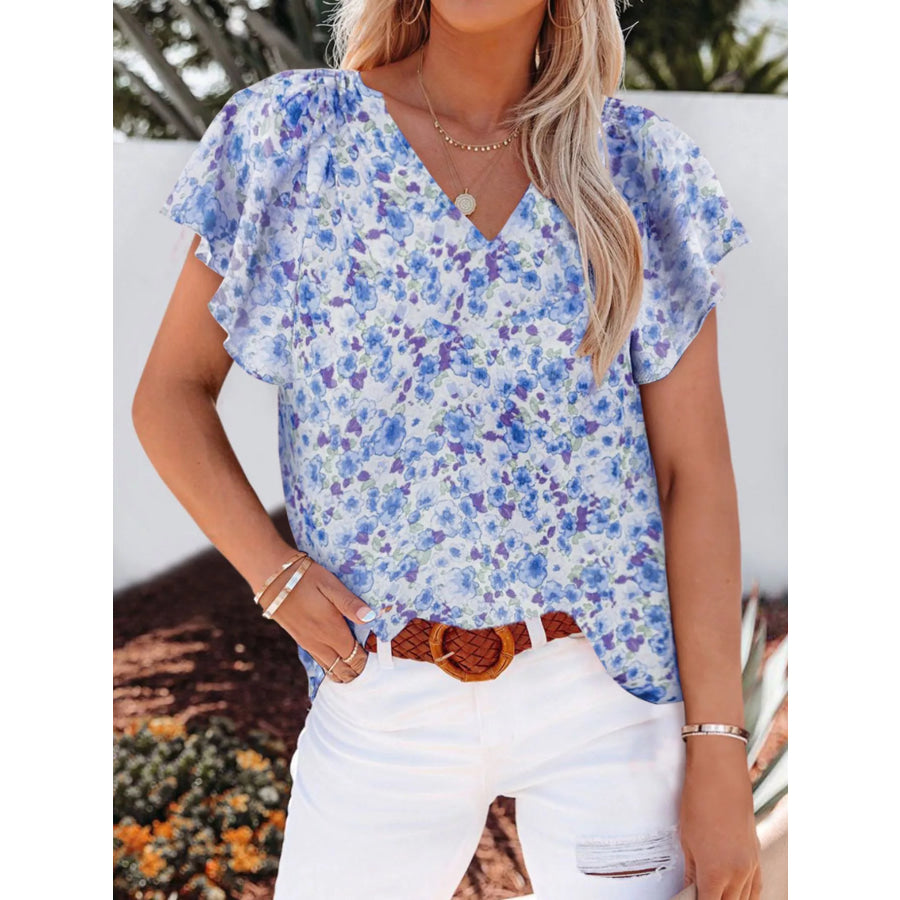 Full Size Floral Print Flutter Sleeve V-Neck Blouse Plus Size Blue / S Apparel and Accessories