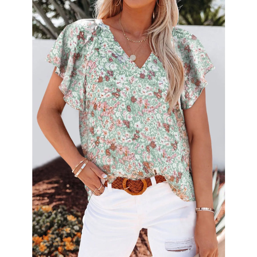 Full Size Floral Print Flutter Sleeve V-Neck Blouse Plus Size Green / S Apparel and Accessories