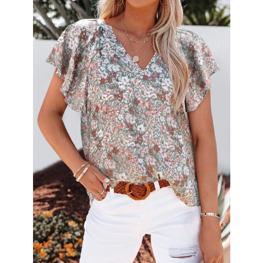 Full Size Floral Print Flutter Sleeve V-Neck Blouse Plus Size Grey / S Apparel and Accessories
