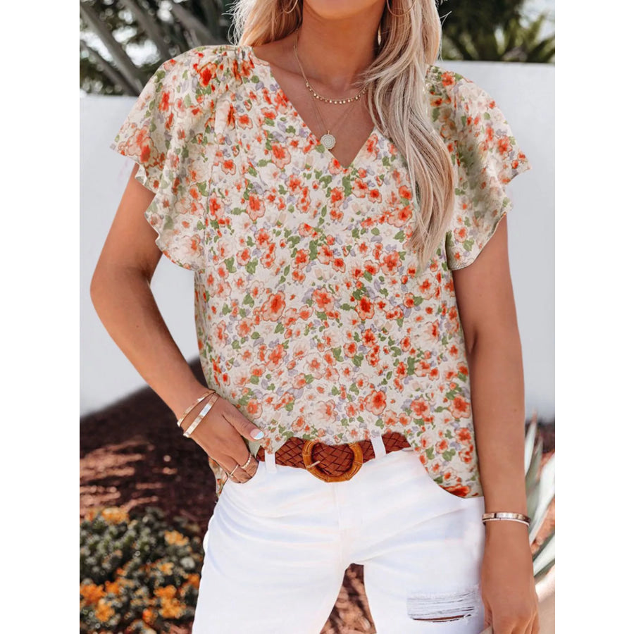 Full Size Floral Print Flutter Sleeve V-Neck Blouse Plus Size Orange / S Apparel and Accessories
