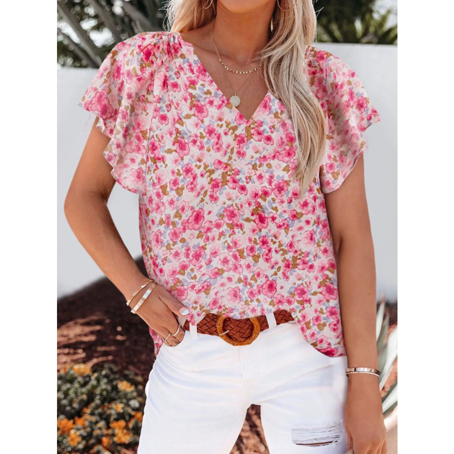 Full Size Floral Print Flutter Sleeve V-Neck Blouse Plus Size Red / S Apparel and Accessories